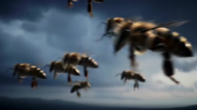 Bees Flying Together Against Sky Background Slow Motion