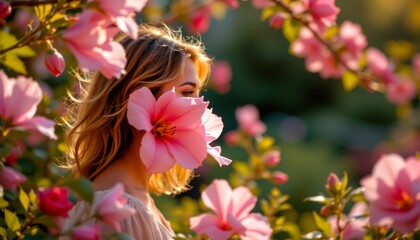 A tranquil garden scene featuring a woman partially obscured by blooming pink flowers