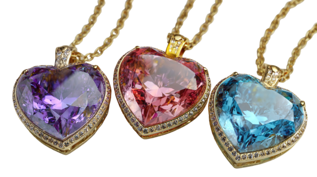 Elegant heart-shaped gemstone pendant necklaces in vibrant colors — luxury jewelry mockup with gold, silver and rose gold finishes, high-resolution PNG cutout isolated on transparent background