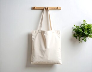 Cream tote bag hangs on a wooden hook against a white wall, next to a small potted plant