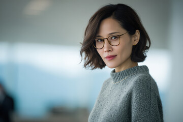 female ai wearing glasses emanating confidence and intelligence in professional setting