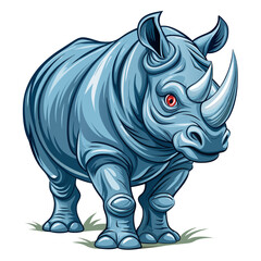 Fototapeta premium Powerful blue rhino with striking red eye stands ready on grassy ground, exuding strength and wild spirit