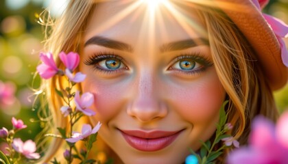 A young woman enjoying her time in a flowery field. She's smiling, looking into the distance, perhaps admiring the beautiful surroundings or lost in thought
