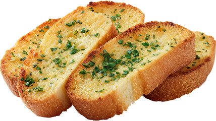 Freshly baked garlic bread isolated on transparent background — high-resolution PNG cutout with golden crust and herb butter, ideal for menu design, food packaging, recipe blogs, restaurant promotions