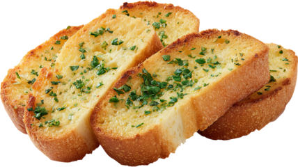 Freshly baked garlic bread isolated on transparent background — high-resolution PNG cutout with golden crust and herb butter, ideal for menu design, food packaging, recipe blogs, restaurant promotions