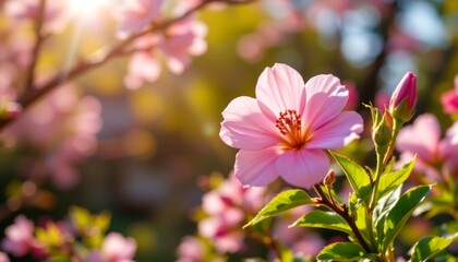 A vibrant cherry blossom tree in full bloom, with its delicate pink flowers standing out against a backdrop of clear blue sky
