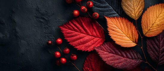 An artistic flat lay autumn arrangement featuring red and orange leaves on a chic black backdrop with ample copy space for fall themed promotions in a wide banner