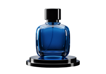 Illustration of a Blue Perfume Bottle on a Shiny Black Stand and Background