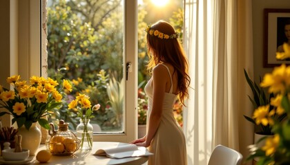 A serene moment of a woman standing by an open window, bathed in sunlight filtering through the glass