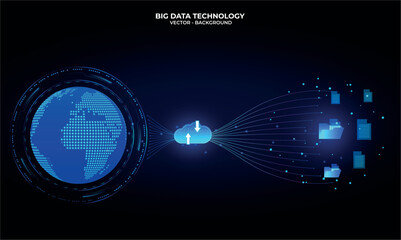 Dynamic and futuristic digital data transfer with glowing blue lights and a world map sphere, floating holographic documents, and cloud technology elements (uploading and downloading). Technology, AI  © Isasoulart