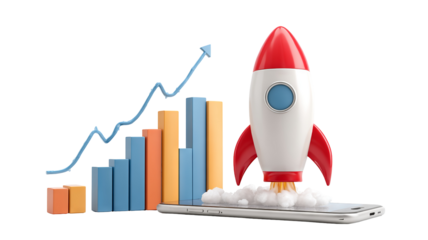 Rocket launching from smartphone with analytics charts, isolated high-resolution PNG cutout on transparent background — startup growth, fintech innovation, mobile app marketing concept