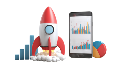 Rocket launching from smartphone with analytics charts, isolated high-resolution PNG cutout on transparent background — startup growth, fintech innovation, mobile app marketing concept