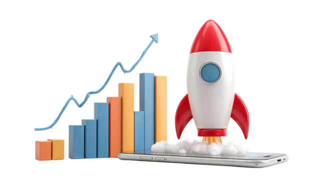 Rocket launching from smartphone with analytics charts, isolated high-resolution PNG cutout on transparent background — startup growth, fintech innovation, mobile app marketing concept