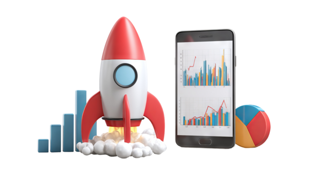 Rocket launching from smartphone with analytics charts, isolated high-resolution PNG cutout on transparent background — startup growth, fintech innovation, mobile app marketing concept
