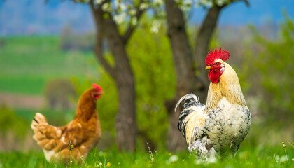 Fototapeta premium Two fowl in a meadow beneath a blossoming tree