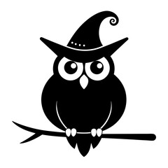 owl on branch with Witch hat silhouette vector illustration