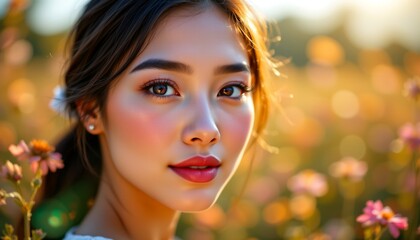 A close up portrait of a woman against a blurred background of flowers. She appears to be in an outdoor setting with natural light illuminating her face