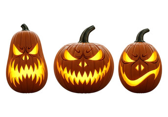 Three scary jackolanterns with glowing faces isolated on transparent background