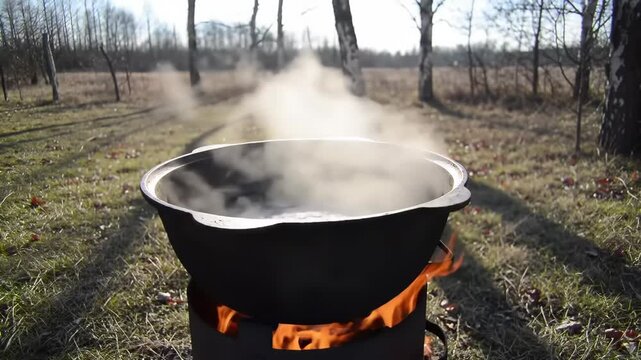 Steaming cauldron cooking outdoors in crisp forest setting with bright sunlight and wisps of steam rising