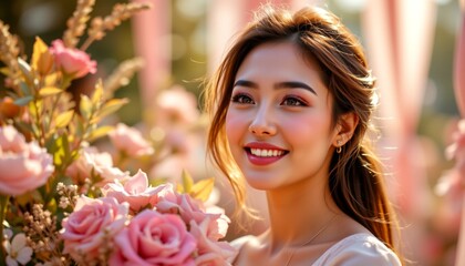 A woman standing amidst a field of pink flowers. She is smiling and looking directly at the camera