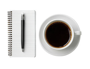 A notepad, pen, and coffee cup on a white background