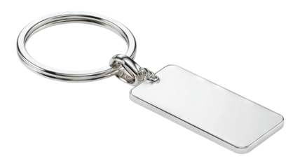 Sleek silver metal keychain with blank rectangular tag isolated on transparent background — high-resolution PNG cutout mockup for branding, engraving preview, and e-commerce listings