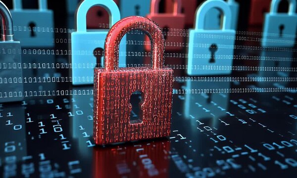 
A digital illustration depicting multiple padlocks in shades of blue and red, representing data security. The background is filled with binary code to symbolize the technological aspect.