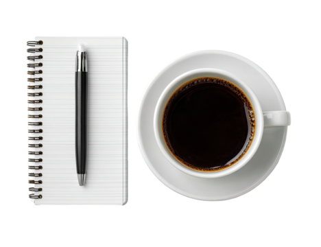 A notepad, pen, and coffee cup on a white background