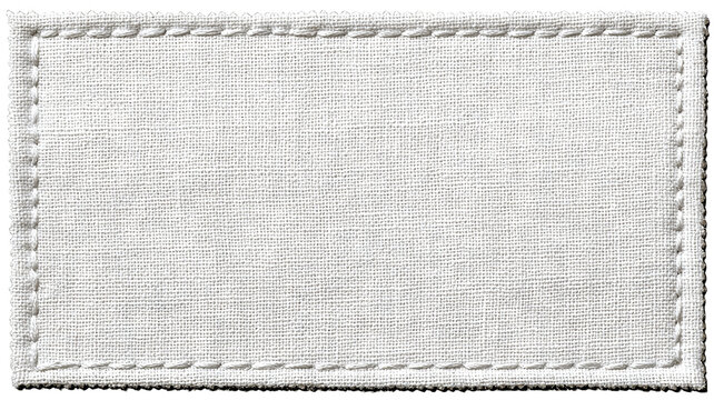 Rectangular fabric label with stitched border — minimalist eco-friendly textile tag mockup, blank cloth patch for branding and garment labeling, high-resolution isolated PNG on transparent background