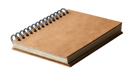 Spiral-bound notebook mockup with kraft paper cover — high-resolution isolated PNG on transparent background, front view journal template for branding, stationery design, print layout, and e-commerce