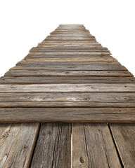 Wooden planks form a long, straight walkway.  Perspective emphasizes depth.  Natural wood tones