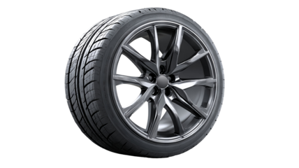 Side view car tire with sleek metallic alloy wheel — high-resolution isolated PNG cutout on transparent background for automotive branding, e-commerce product listings, mockups, and design templates