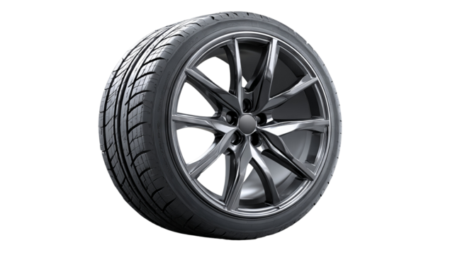 Side view car tire with sleek metallic alloy wheel — high-resolution isolated PNG cutout on transparent background for automotive branding, e-commerce product listings, mockups, and design templates