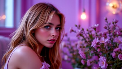 A young woman is seen in an indoor setting with purple walls. She has long hair, wears pink makeup, and is dressed in a pink top
