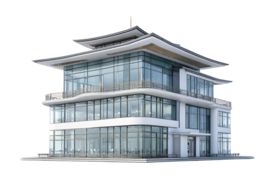 Modern, Asian-inspired, multi-story building with glass facade and intricate roofline