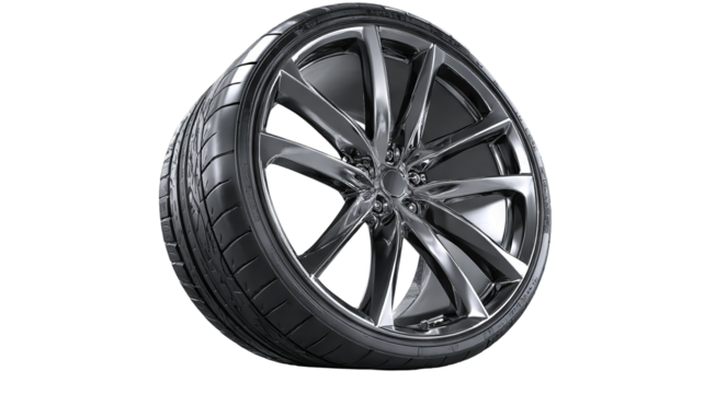 Side view car tire with sleek metallic alloy wheel — high-resolution isolated PNG cutout on transparent background for automotive branding, e-commerce product listings, mockups, and design templates
