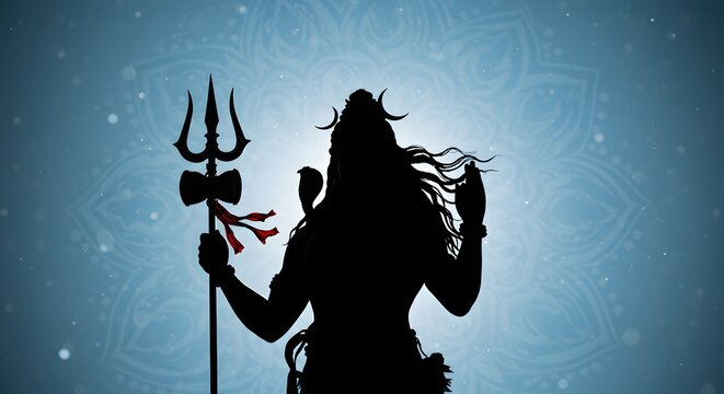 Silhouette of Lord Shiva, Hindu deity, holding his trident, against a swirling blue background.