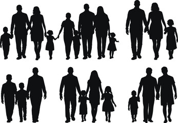 Family silhouettes, walking together, parents and children, unity, togethernesspeaceful moment, emotional connection, lifestyle concept,  social unity, inclusive illustration