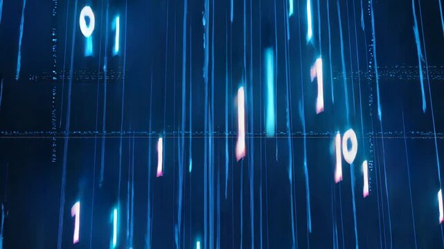 Blue Binary Data Code Stream on Digital Screen &ndash; Futuristic Tech Background in 4K