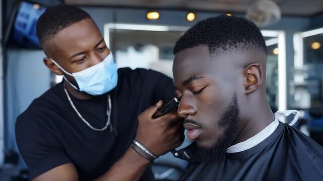 Barber's Precision: A skilled barber meticulously styles a client's hair in a well-lit barbershop, highlighting the focus on craft and customer care.