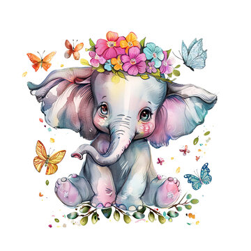Adorable watercolor baby elephant with a flower crown, sitting amidst colorful butterflies and foliage. Wildlife Animals.