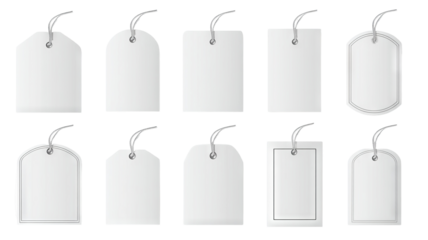 Blank white paper labels and cloth tags set, various shapes — high-resolution transparent PNG cutouts for branding, packaging design, price tags, gift tags, apparel labeling, craft projects