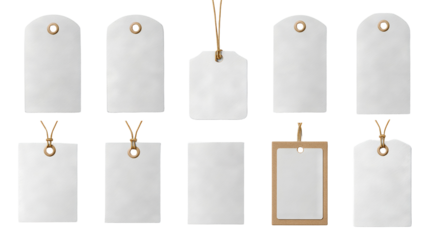 Blank white paper labels and cloth tags set, various shapes — high-resolution transparent PNG cutouts for branding, packaging design, price tags, gift tags, apparel labeling, craft projects
