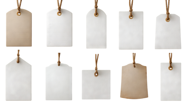 Blank white paper labels and cloth tags set, various shapes — high-resolution transparent PNG cutouts for branding, packaging design, price tags, gift tags, apparel labeling, craft projects