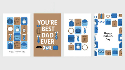 Four Father's Day Greeting Cards Featuring Icons of Ties Briefcases and Glasses celebration holiday