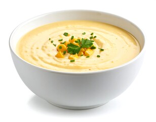 Creamy corn soup in a white bowl