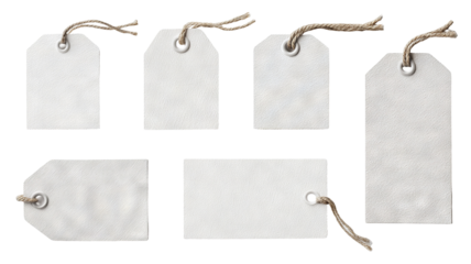 Blank white paper labels and cloth tags set, various shapes — high-resolution transparent PNG cutouts for branding, packaging design, price tags, gift tags, apparel labeling, craft projects