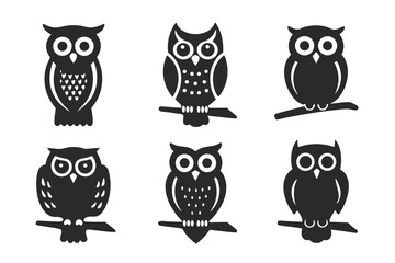 set of owl on branch icon silhouette vector illustration