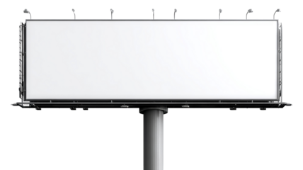 Blank white billboard on tall metal pole, isolated high-resolution PNG cutout with transparent background feel, clean outdoor advertising mockup template with copy space, freestanding signage