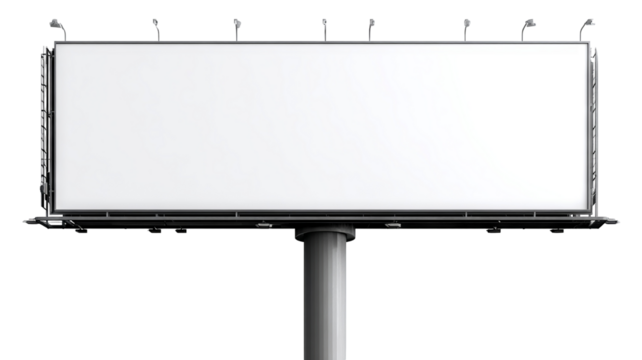 Blank white billboard on tall metal pole, isolated high-resolution PNG cutout with transparent background feel, clean outdoor advertising mockup template with copy space, freestanding signage